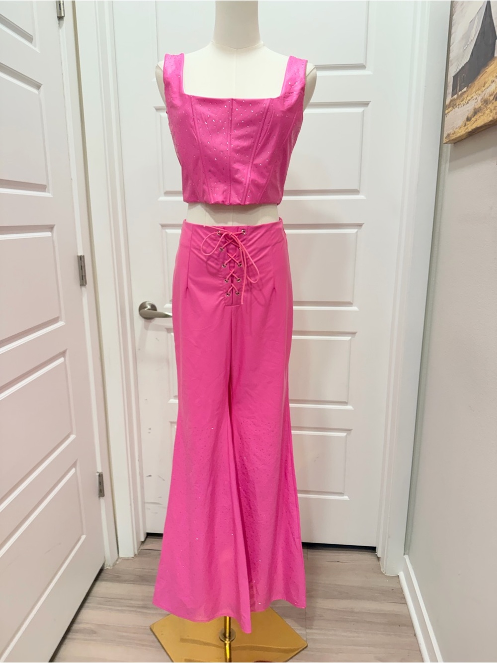 Windsor Hot Pink Lace-Up Wide Leg Rhinestone 2PC Pant Set - Picture 2 of 10